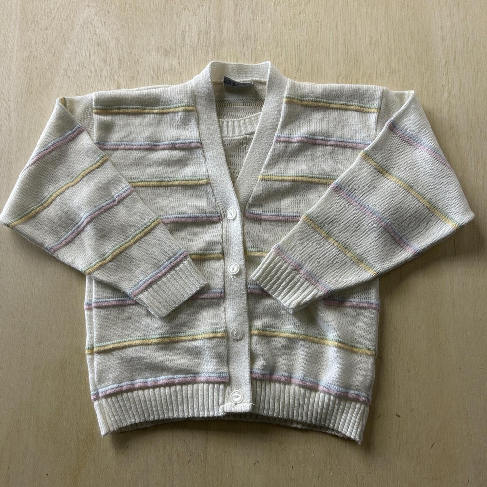 Vintage Justin Allen Sweater Womens Small White Striped Button Knit Cardigan USA